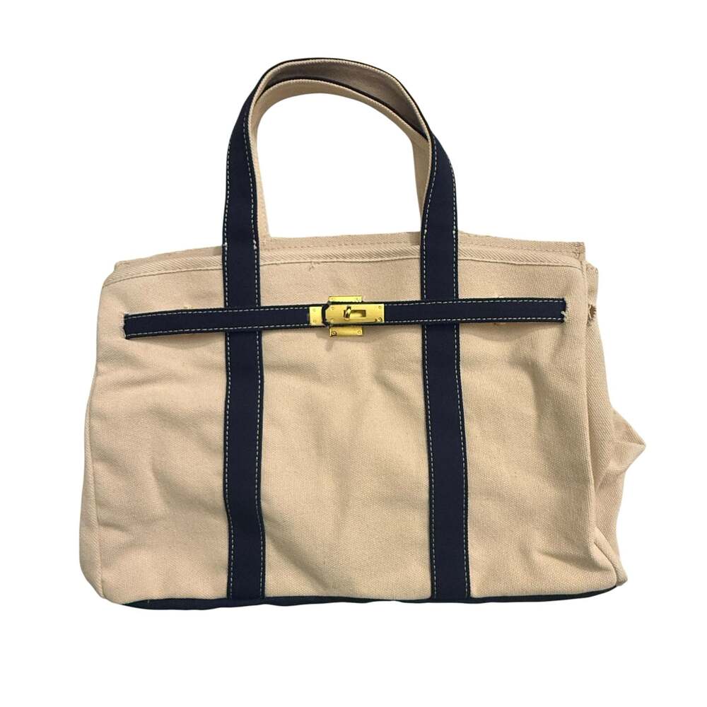 Canvas Boatkin Tote Bag in Natural and Navy with Gold Lock Hardware